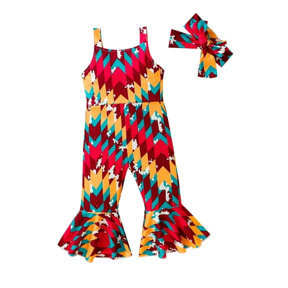 Hirigin Girls Jumpsuit Chicken/Geometric Pattern Print Playsuit with Headband