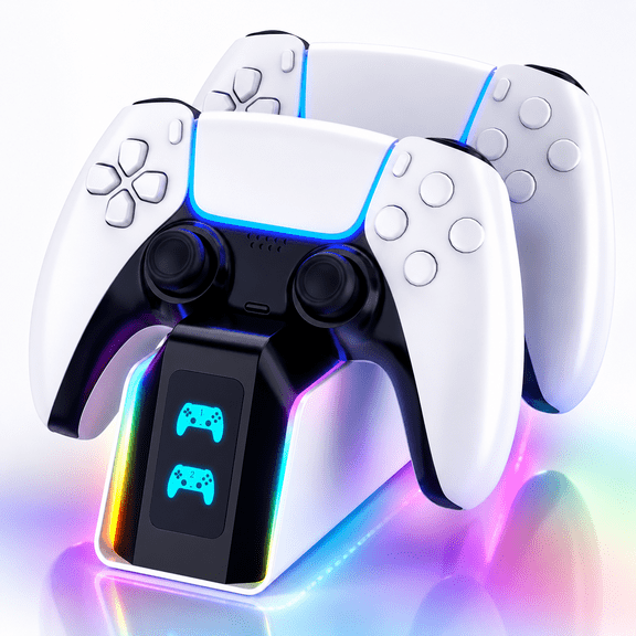 Dual Charger for PS5 DualSense & Edge Controllers, Controller Charger Fast Charging Station Dock USB Type C Charging Adapter with LED Indicator and RGB Light for PlayStation 5 Controller