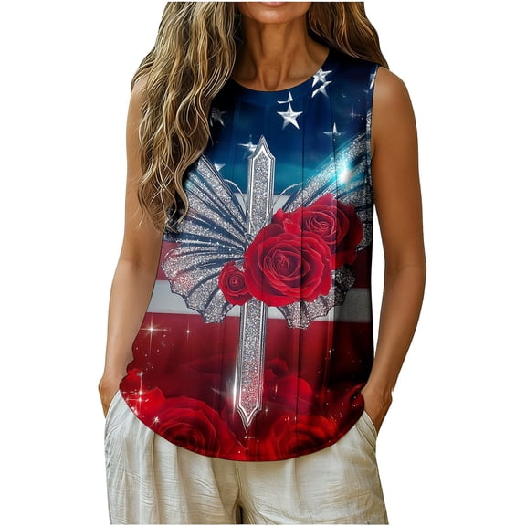 Fewfanhot Women's Tank Top 4th of July Floral Print Patriotic Sleeveless Blouse, Casual Summer Independence Day Tee Top, S-3XL