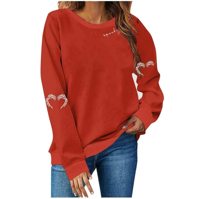 LMKIHUSA Chandail Graphique d'Halloween pour Femmes Saison Effrayante Squelette Cœur Chandail à Enfiler Hauts Manches Longues Col Rond Blouses Douces Décontracté Tendance 2025 Chandail Rouge,TTG