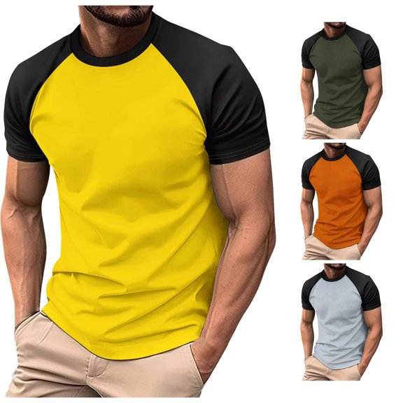 Zylarhe Mens Tshirt, Color Blocked Twill Business Sport Raglan Sleeves Men Short T Shirt Yellow XL