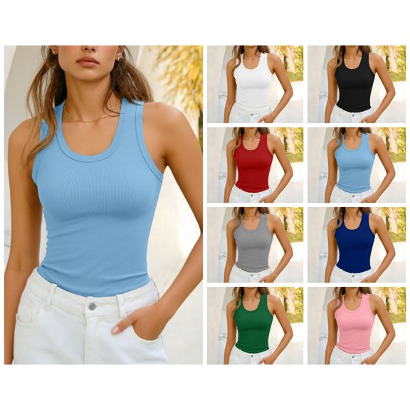 vzibsiv Womens U Neck Ribbed Tank Top Wide Strap Slim Fit Sleeveless Summer Casual Top Light Blue L