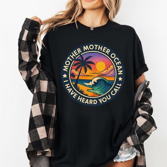 TOKAIPlus Mother Mother Ocean Shirt I Have Heard You Call Tee Retro Beach Sunset T Shirt Ocean Lover Gift Coastal Vibes Surf Graphic Top for Women