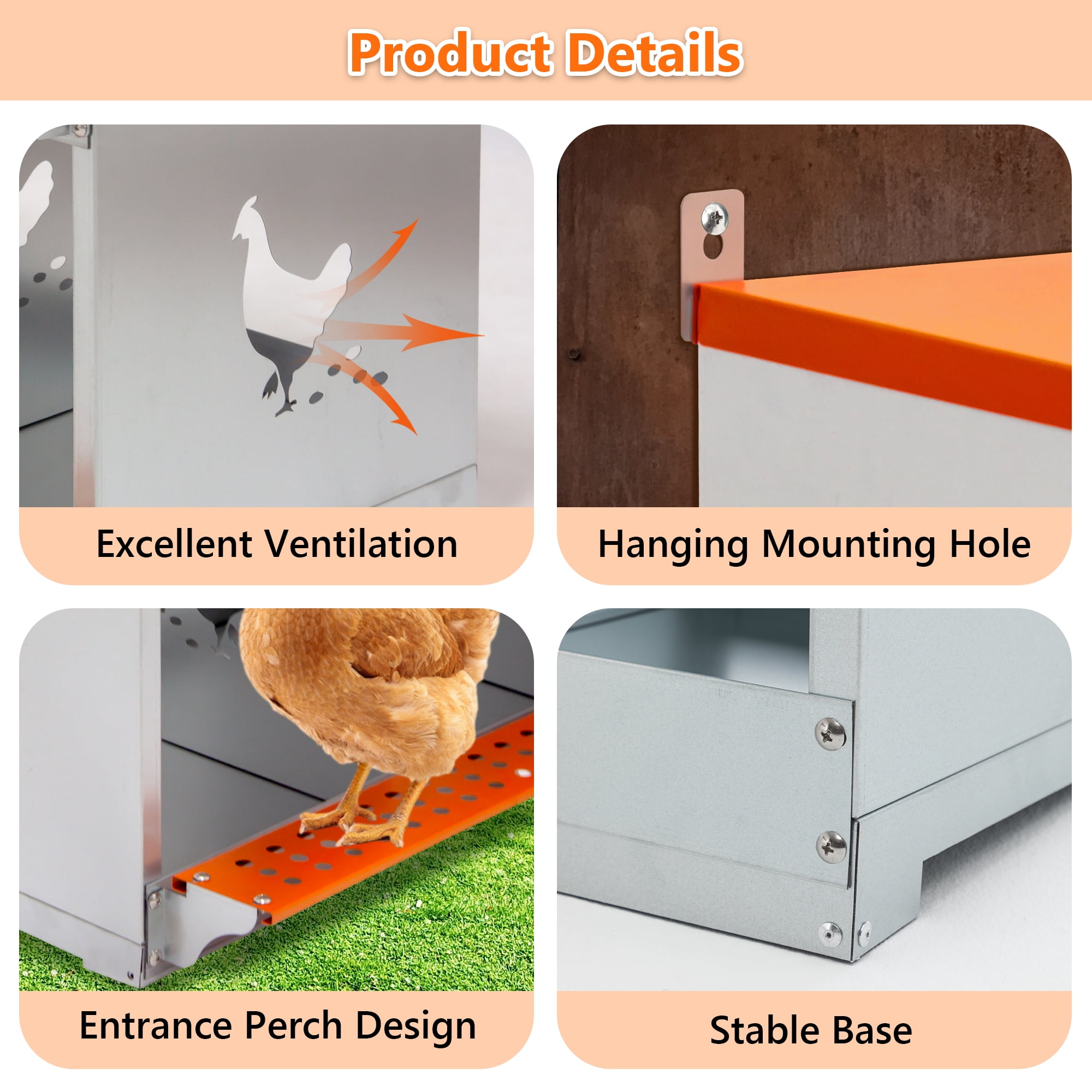 4-Bay Wall Mount Metal Nest Box for Hens Ducks, Orange Galvanized Steel Poultry Coop Equipment with Vented Design & Coconut Fiber Pad, Easy Egg Collection & Assembly