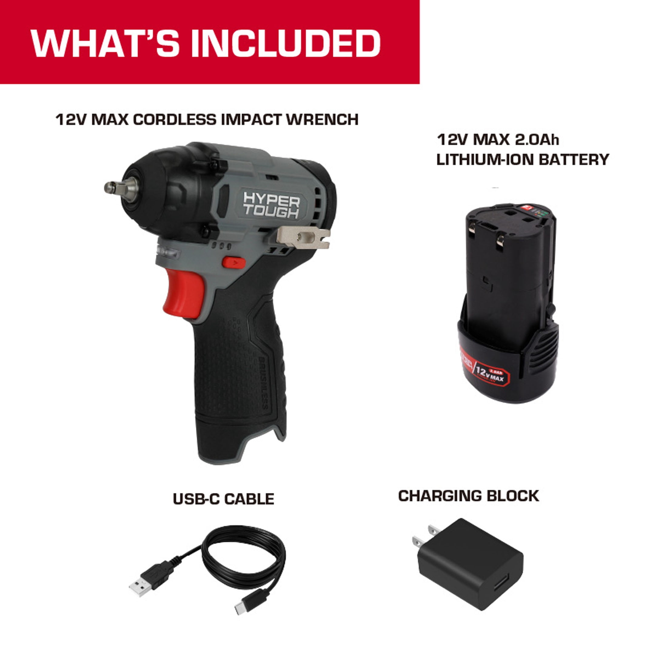 Hyper Tough 12V Brushless 1/4-inch Impact Wrench with 2.0Ah Battery