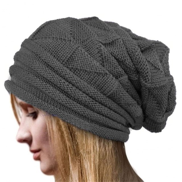 Gorro de invierno, gorro elástico cálido tejido de invierno para mujer, bolso de esquí a rayas, gorro de calavera a la moda, gris oscuro
