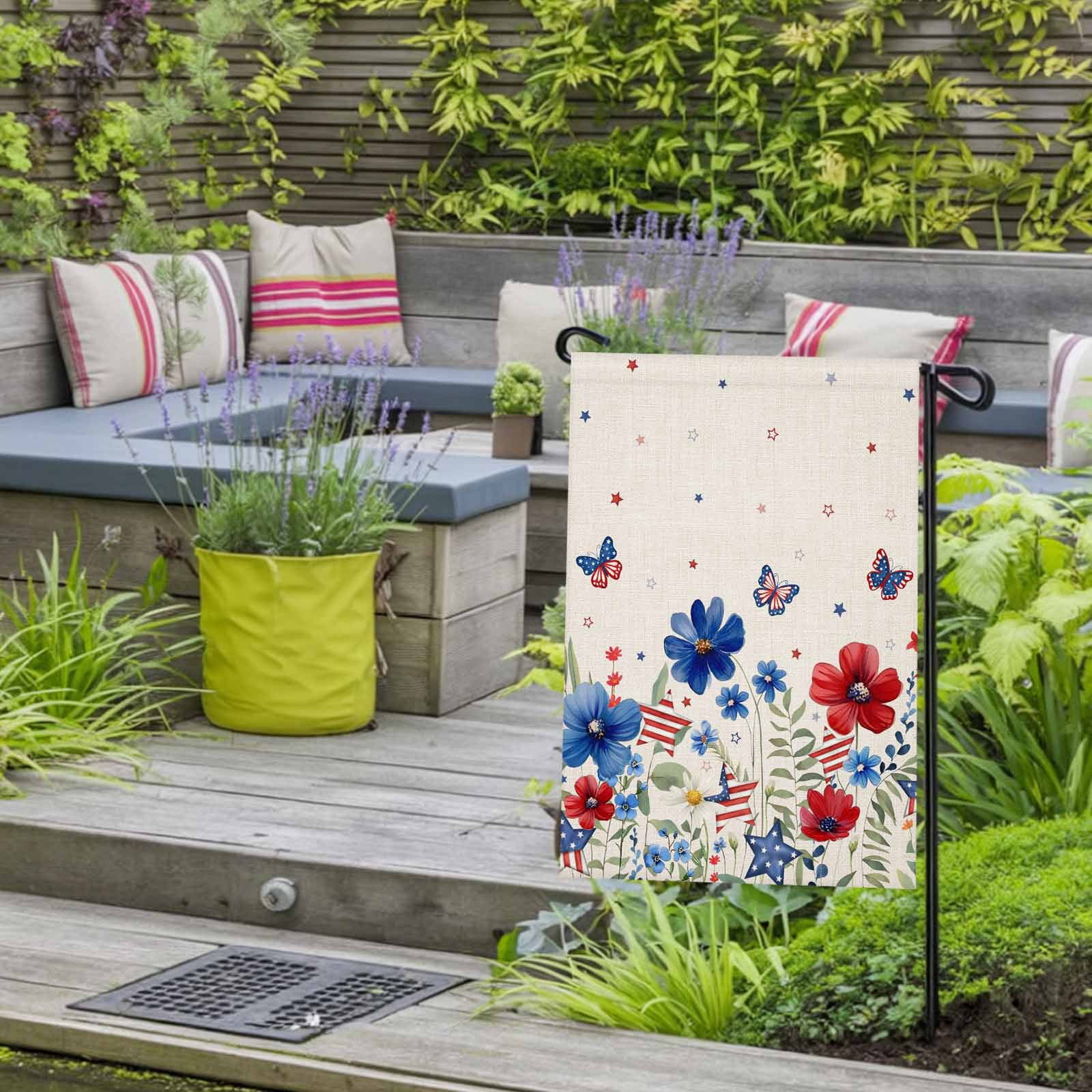 4th of July Garden Flags American Flag Butterfly Garden Flag Double Sided Welcome Flag Red Blue Flowers Linen Independence Day Yard Flags for Outdoor Lawn Porch Memorial Day Holiday Decor 28x40 Inch