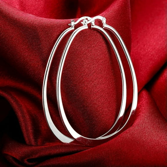 Womens 925 Sterling Professional Solid Silver Tasteful Oval Shaped Extra Large Hoop Earrings-Default[h023]