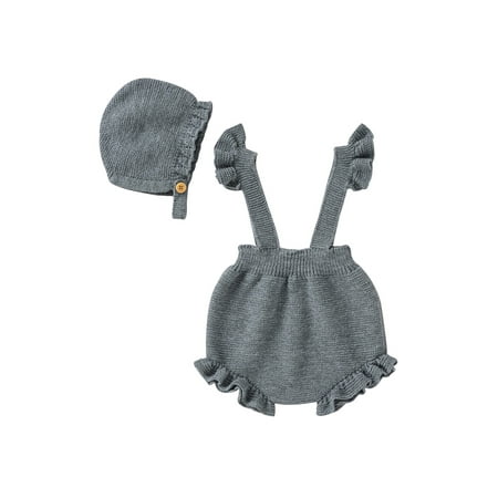 

Bagilaanoe Newborn Baby Girl Jumpsuit Adjustable Straps Romper + Hat Knitted Ruffle Overalls 3M 6M 9M 12M 18M Infant Short Pants Summer Outfits