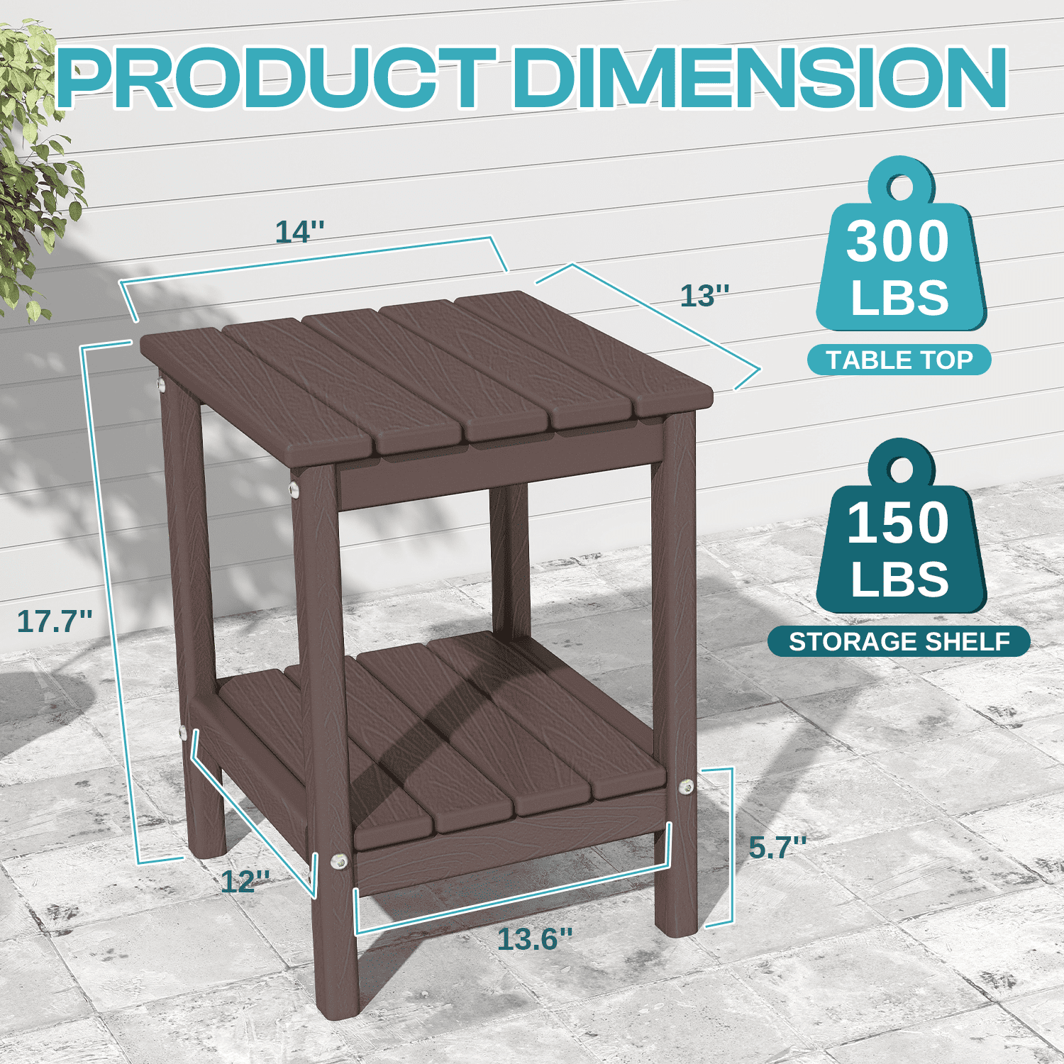 Pipopa Adirondack Outdoor Side Table,HDPE All Weather Double Layer Patio Side Table,Rectangular End Table for Garden Balcony Pool,BrownWood