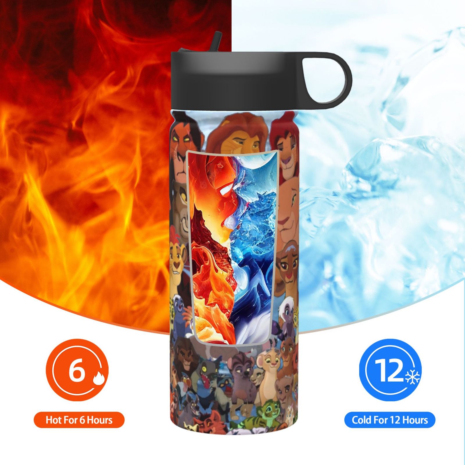 Lion Guard Insulated Water Bottle with Straw Lid, 18 oz Double Wall Vacuum Stainless Steel Kids Cup, Leak Proof Sports Thermos for Travel Fitness Hiking Outdoors