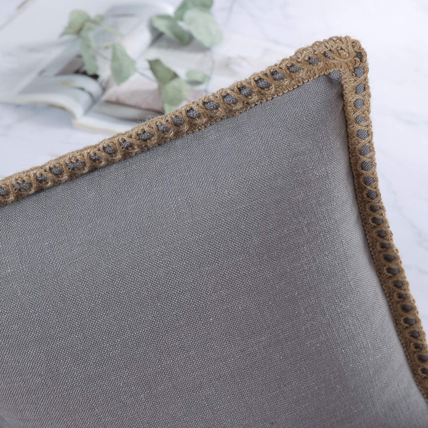 Phantoscope Linen Trimmed Farmhouse Series Decorative Throw Pillow, 22" x 22", Gray, 1 Pack