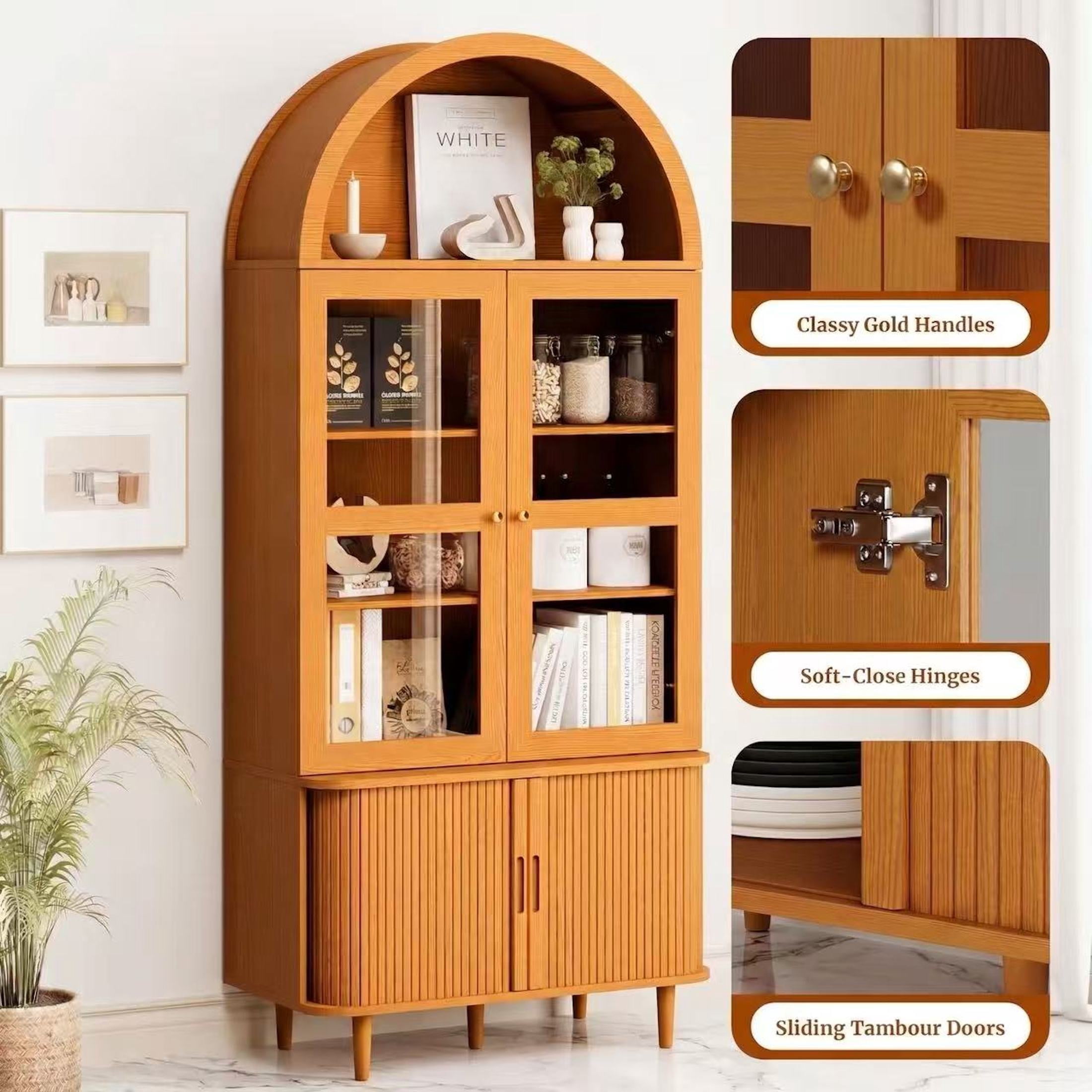 Aisword 71" Tall Arched Bookcases, 5-Tier Modern Farmhouse Bookshelf with Adjustable Shelves & Sliding Doors, Wood Display Storage Cabinet for Living Room, Office, Yellow Withdoors