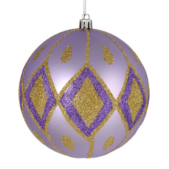 Vickerman 6" Lavender Matte Ball with Glitter Diamond Pattern. Add variety and sparkle to your holiday arrangement with this matte ornament that features a glitter pattern. Includes 3 pieces per bag.