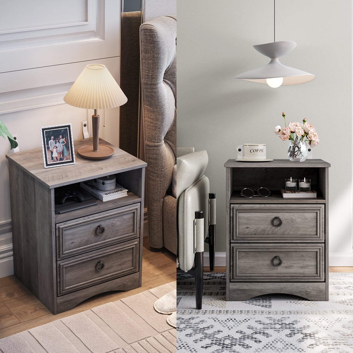 LGHM 3 Piece Bedroom Dresser Set, 8 Drawer Dresser Farmhouse Long Chest of Drawers and 2 Drawers Nightstand set of 2, Gray