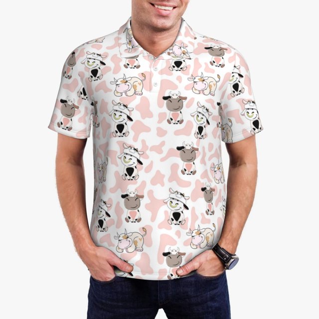 Balery Cute Cartoon Cows Camisa Polo de Hombre con Estampado, de Manga Corta y Tejido Medio, Camisa Tipo Golf Polo-X-Large