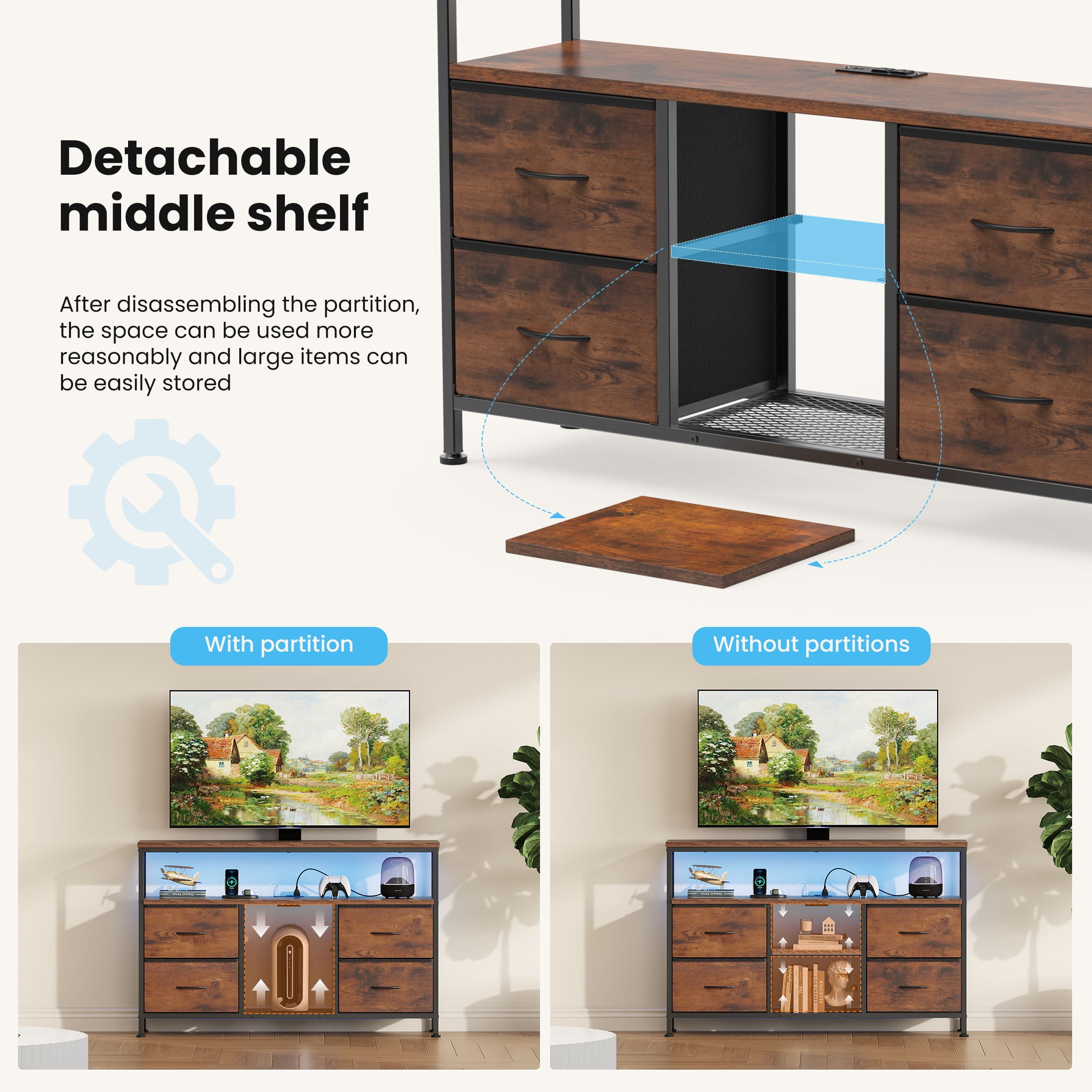 MCQ 43" TV Stand with 4 Fabric Drawers, Built-in Outlet - Perfect for Living Room and Bedroom, Rust