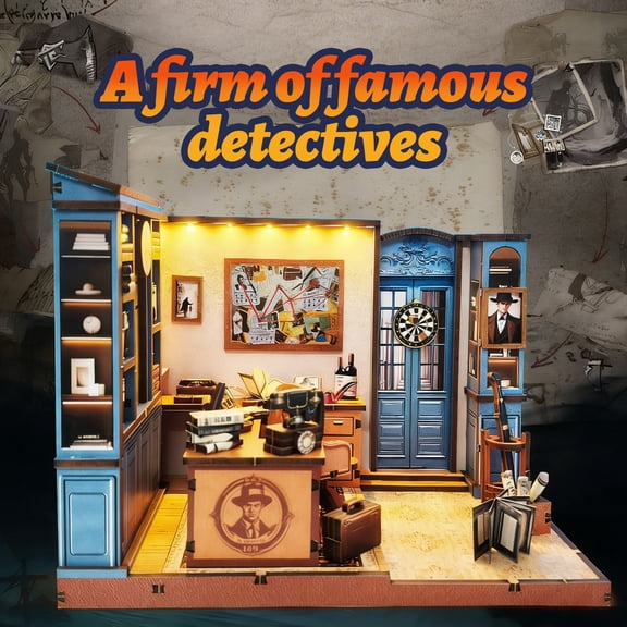 Music Park Detective Agency Book Nook - 3D Wooden Miniature Vintage Mystery Office Model Kit with LED Lights, DIY Artistic Dollhouse, Collectible Display & Premium Gift for Adults