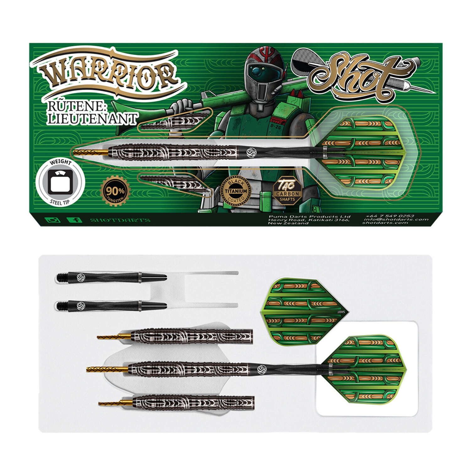 Shot Warrior Rutene Lieutenant Steel Tip Dart Set-90% Tungsten-23gm