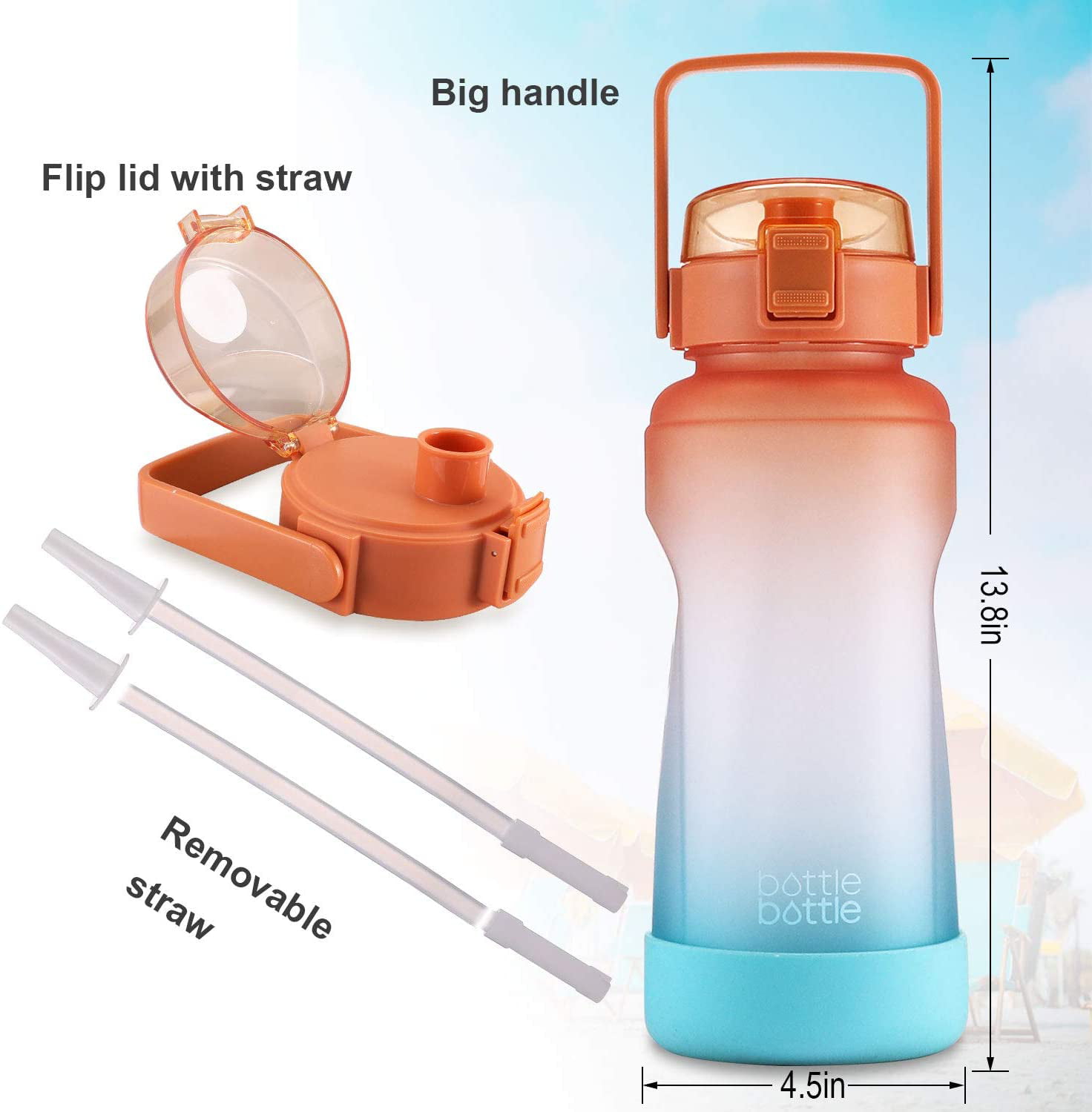 BOTTLE BOTTLE Half Gallon/64 oz Water Bottle with Straw Big Handle Protective Silicone Boot Sports Water Bottle with Time Marker Leak Proof Reusable Water Jug for Adult and Kids Orange Green 