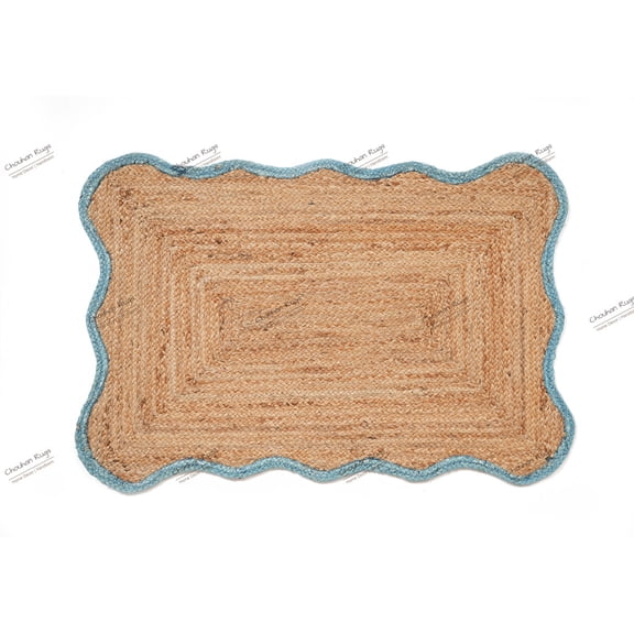 Rectangle Rug Natural Jute Rug Hand Braided Beige And Turquoise Color Area Rug
