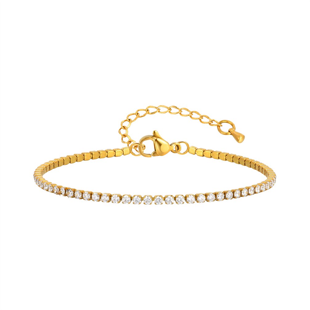 HIRPLIS Tennis Bracelet for Women Single Row Round Cubic Zirconia Stainless Steel Inlaid Adjustable Chain Dainty Stackable Simple Personalized Gift Jewelry Gold 2mm