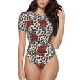 thumbnail image 2 of Goofa Leopard Print Rose Printed Women Rash Guard Short Sleeve,Tummy control Swimsuit Surfing Swimsuit Bathing Suit One Piece Swimsuit UPF 50-XX-Large, 2 of 9