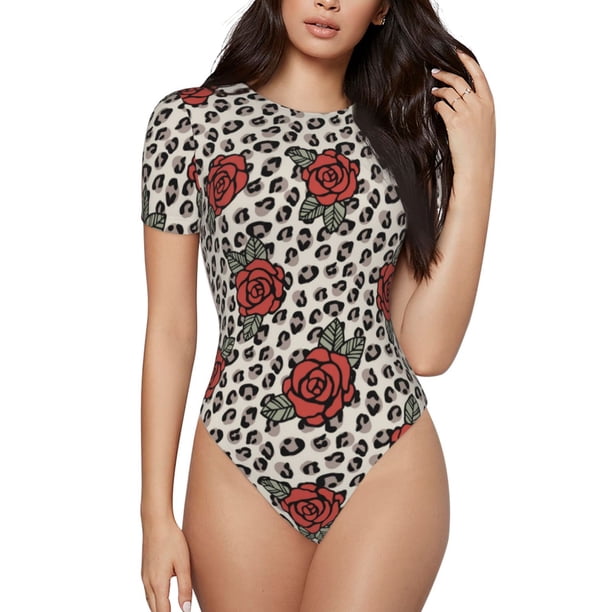 Balery Leopard Print Rose Body de cuello redondo de manga corta para mujer Tops de manga corta Tops básicos-Large