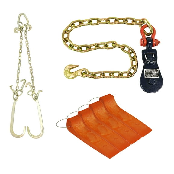 Tow Truck Kit - (1) 2 Ton 3" Snatch Block w/Chain, (1) 5/16" G70 V-Chain Bridle w/ 15" Large J Hooks & (4) Tire Skates for Tow Truck Safety Orange - Rollback Wrecker Car Carrier Cable