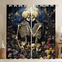 Manfei Couple Skull Skeleton Black Out Curtains, Bohemian Flower Floral Curtains Pack of 2 (42x63 Each), Romantic Anniversary Bedroom Curtains, Window Curtains Room Decor