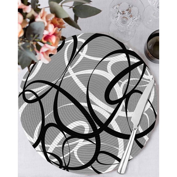 13 Inch Round Placemats Set of 4, Grey Geometric Non Slip Heat Insulation PP Table Mats, Retro Black White Abstract Striped Lines Washable Place Mats for Kitchen Dining Party Table Decor