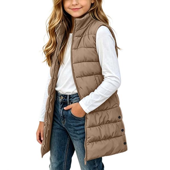 Girls Long Puffer Vest Stand Collar Sleeveless Quilted Padded Gilet Zipper Outerwear Waistcoat with Pockets for Kids
