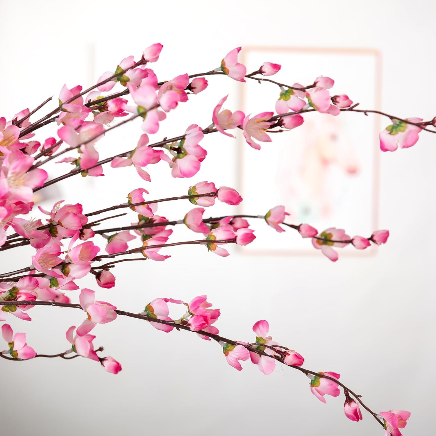 Artificial Faux Plants Flowers Indoor Spring Decor，4 Bundles Fake Silk Plum Blossom,Faux Silk Cherry Blossom Branches for Wedding Office Party Hotel Home Decor，Vase Not Included(White)