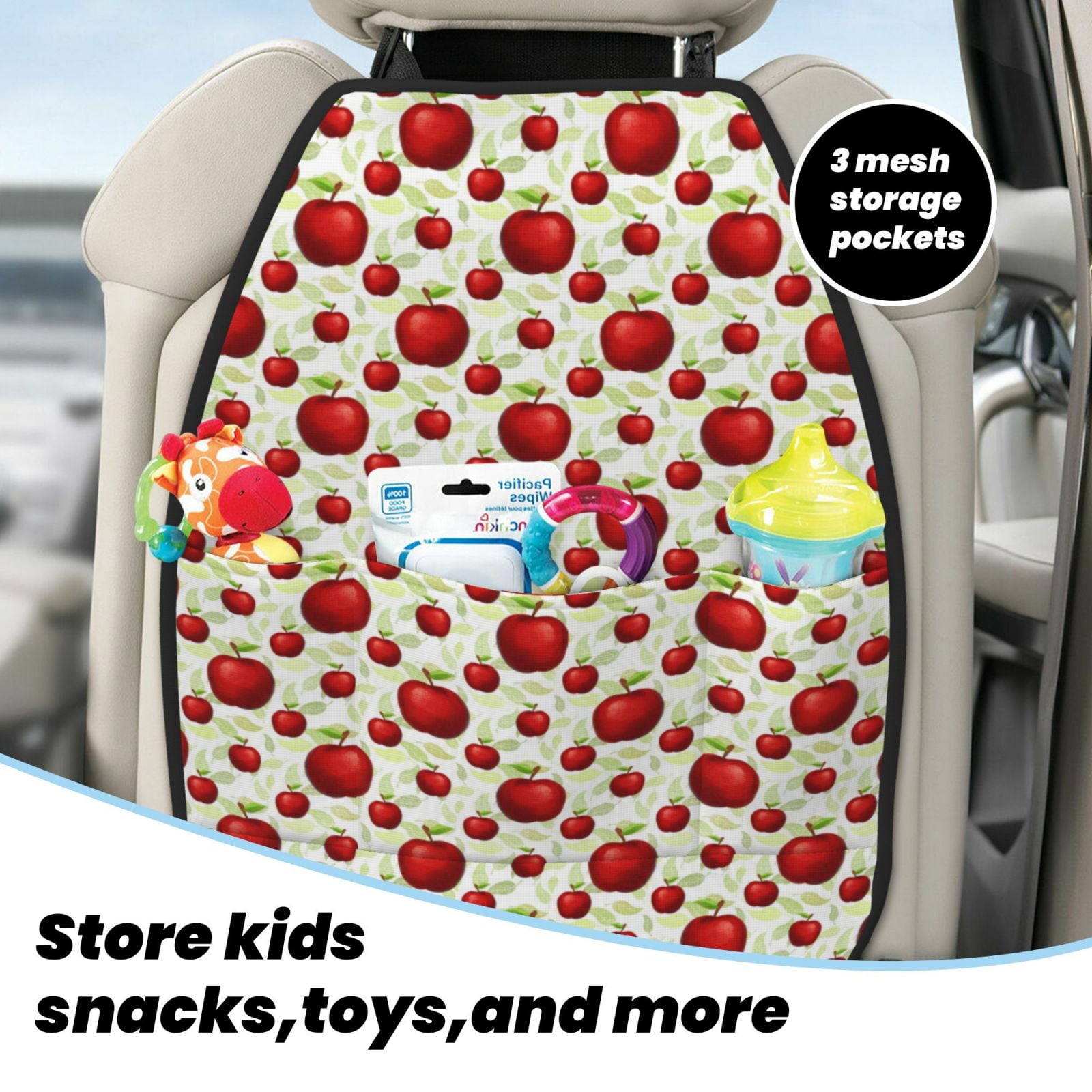 Xecao Fruit Apples Pattern Car Seat Back Protector 2 Pack Large Capacity Pocket, Kick Mats Back Seat Protector