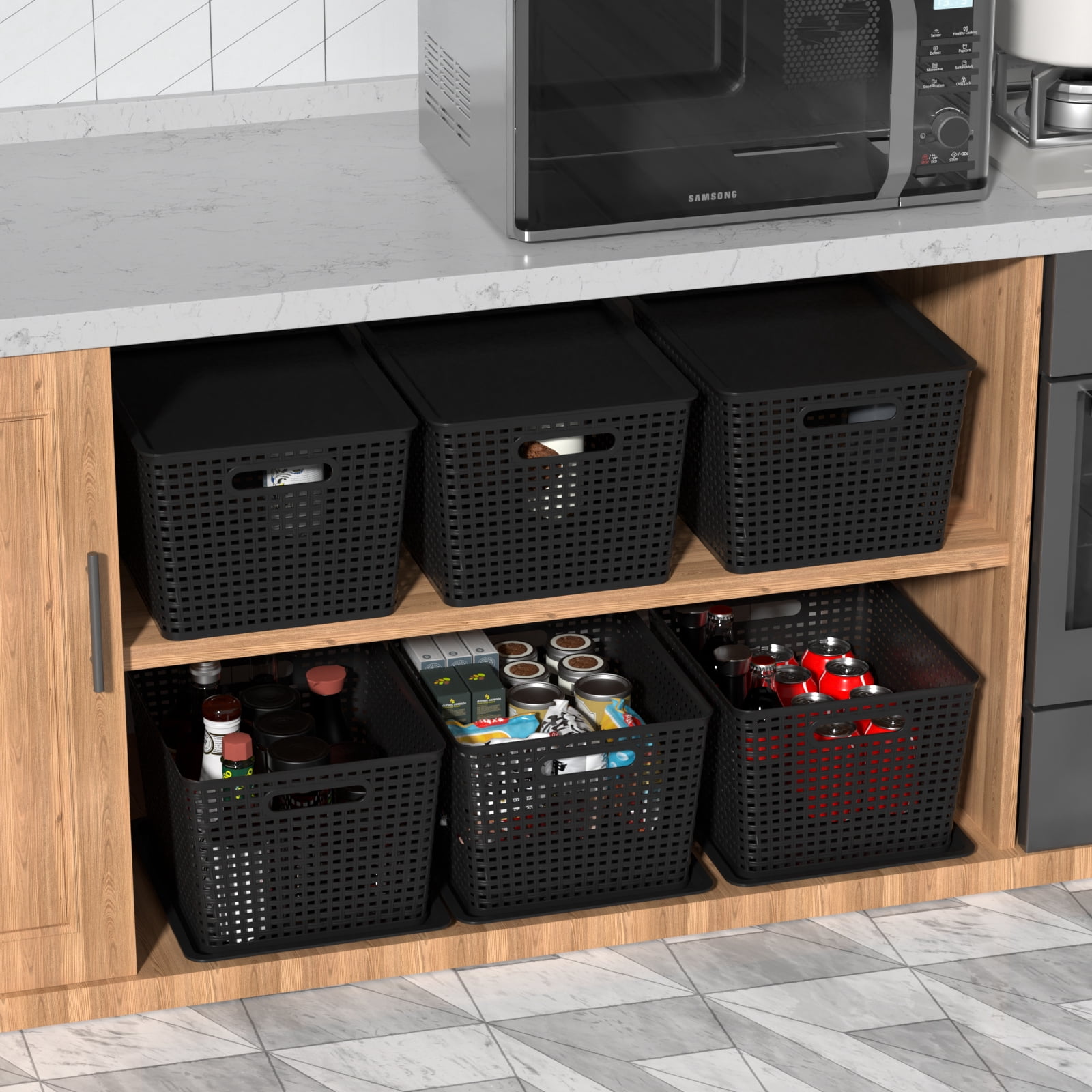 Anbers Plastic Weave Storage Basket with Lid, Black Organizer Baskets, 6-Pack