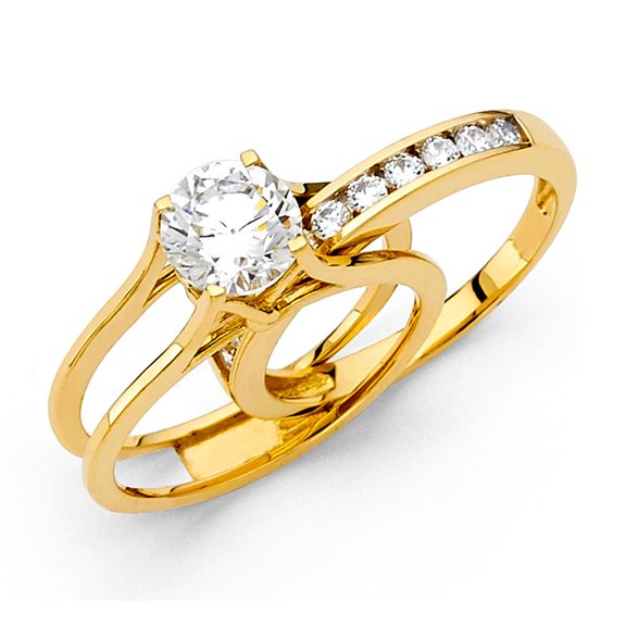 14k Yellow Gold 1.25 ct Round CZ Engagement Ring w/ Matching Wedding Band