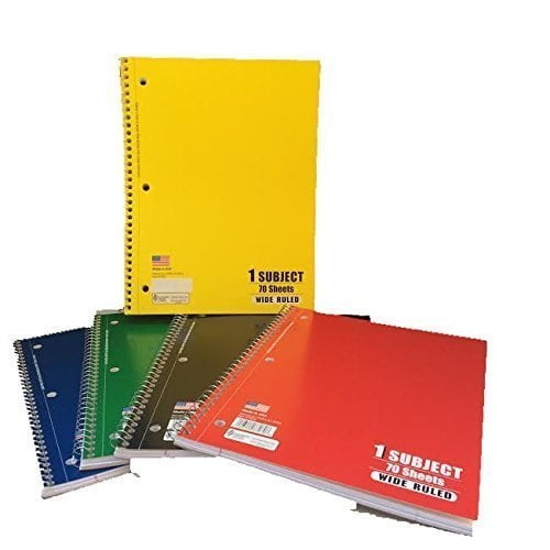 1 subject wide ruled spiral notebook, 70 pages5 colorstotal 5