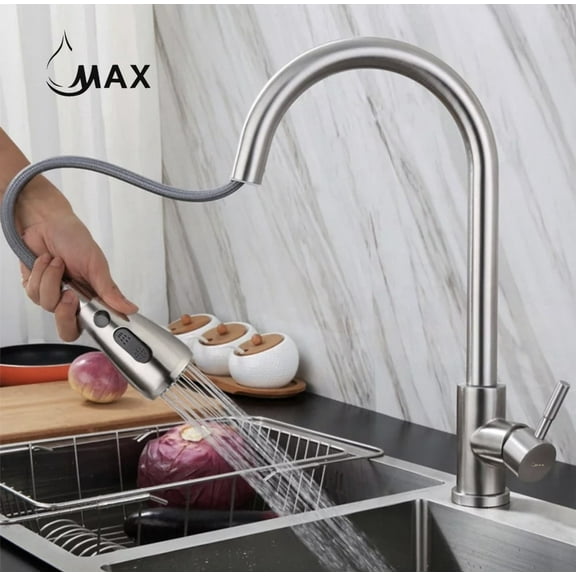 MAX Faucets Pull-Out Single Handle Kitchen Faucet 16.5" Brushed Nickel Finish