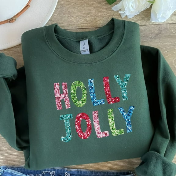 Holly Jolly Christmas Sweater, Faux Sequin Christmas Shirt, Holiday Sweater, Christmas Crewneck, New Year Shirt, Christmas Gift, Jolly Shirt
