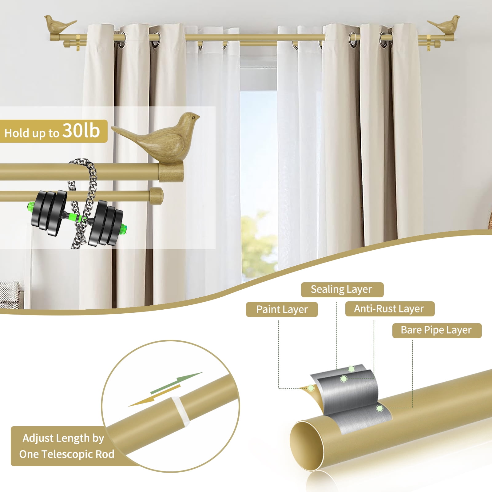 MERIVILLE 3/4-Inch Front & 5/8-Inch Back Double Curtain Rod Set, Farmhouse Bird Finials, 84"-120", Cottage Finish