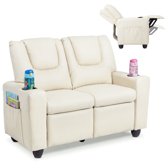 Costway Fauteuil Inclinable pour Enfants 2 Places avec Porte-Gobelets, Poches de Rangement Latérales, Dossier Réglable, Beige