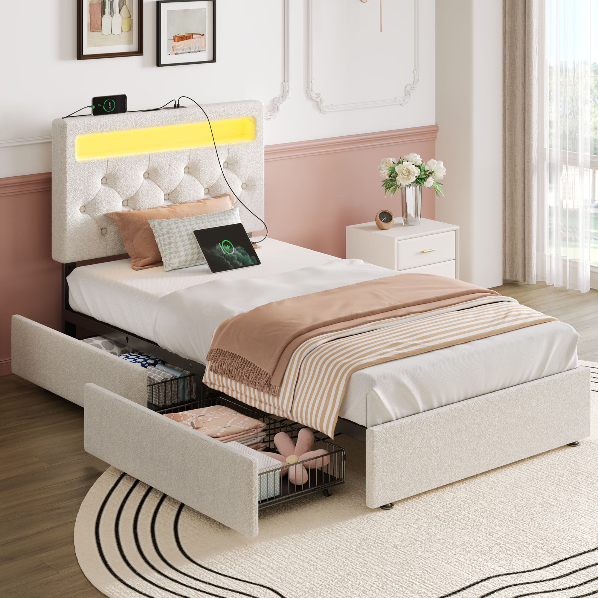 Greenstell Twin Bed Frame with 4 Drawers, Upholstered Platform Bed with LED Adjustable Storage headboard & Charging Station, Black