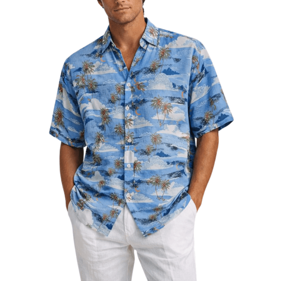 BOHIO Men’s Casual Short Sleeve Button Down Shirt, Blue Tropical Palm Print Resort Shirt