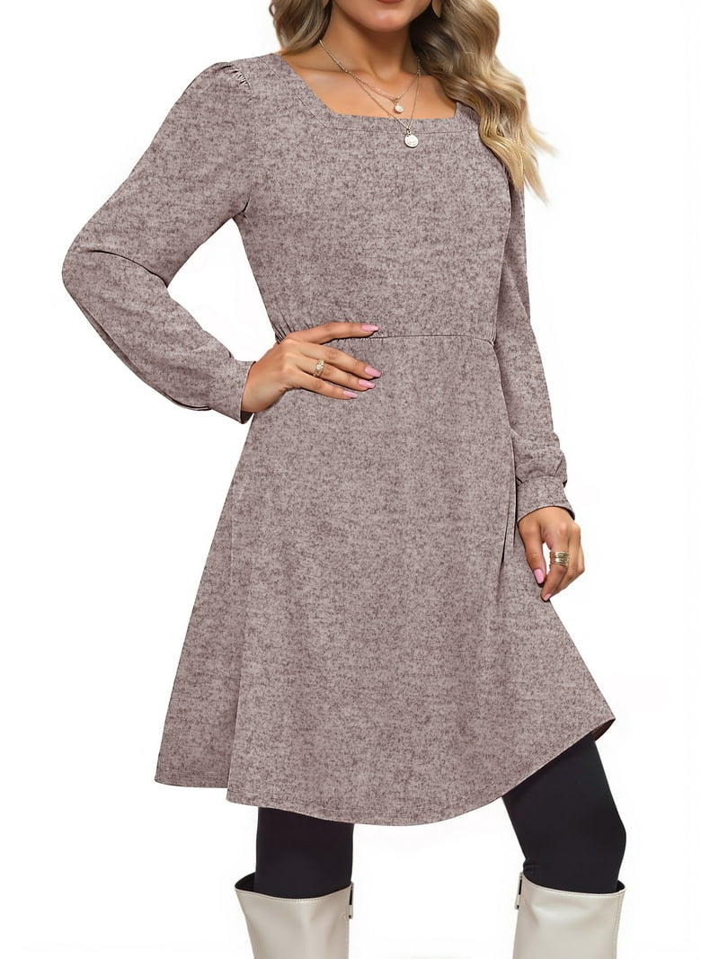 Fantaslook Square Neck Long Sleeve Dresses for Women Casual Trendy Sweater Dress with Pockets