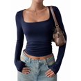 thumbnail image 2 of Women Long Sleeve T Shirts Scoop Neck Slim Fit Going Out Tops Basic Tee Dark Blue S, 2 of 8