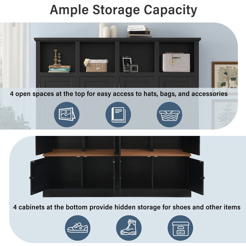 Farmhouse Hall Tree with Open Compartments, 4-in-1 Entryway Bench with Storage Cabinets, Modern Coat Rack with 4 Hooks for Hallway Entryway