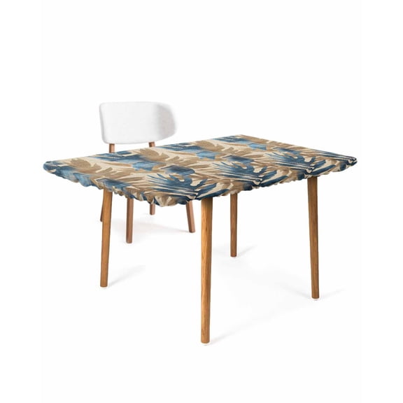 Navy Blue Brown Botanical Rectangle Tablecloth, Waterproof Elastic Fitted Table Covers for 5 Foot Tables, 30x60inch Decorative Tablecloths for Picnic, Camping, Outdoor, Rustic Tropical Palm Leaves