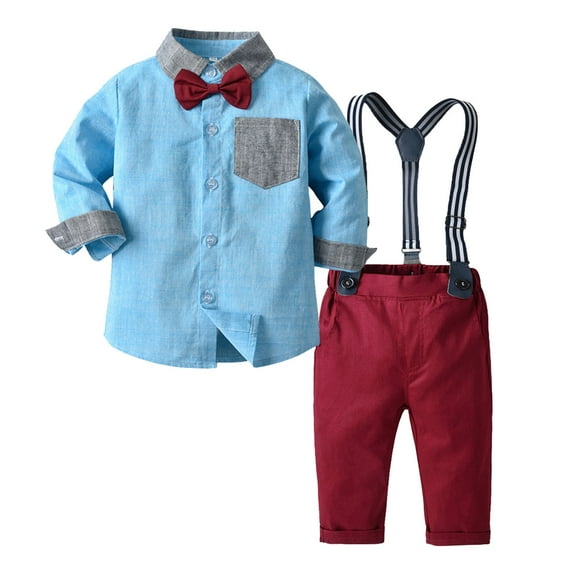 Splozh Toddler Boy Gentleman Suit Shorts Toddler Boy Suit Formal Wedding Outfits Gentleman Clothes Long Sleeve Shirt Suspender Pants Bowtie Sky Blue,4-5 Years
