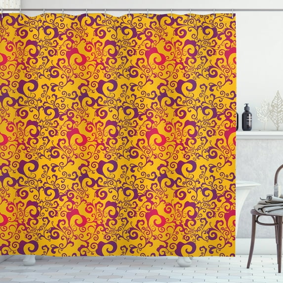 Leaves Shower Curtain, Antique Swirled Foliage with Ombre Effect Vintage Curlicues, Fabric Bathroom Set with Hooks, 69W X 75L Inches Long, Earth Yellow Purple and Magenta, by Ambesonne