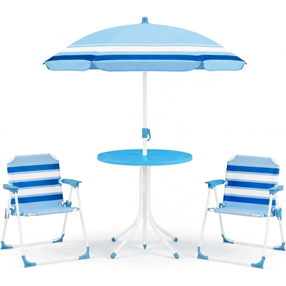 OLAKIDS Kids Picnic Table, Outdoor Toddler Patio Furniture Set with 2 Folding Chairs Adjustable Foldable Umbrella for Garden Backyard Beach